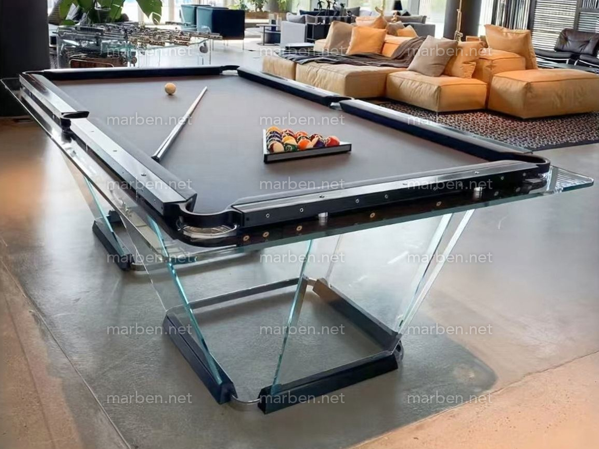 MESA DE BILLAR LUXURY GLASS2,  DE CRISTAL TEMPLADO ESTRUCTURA DE ACERO INOXIDABLE, 7FT ó 8FT